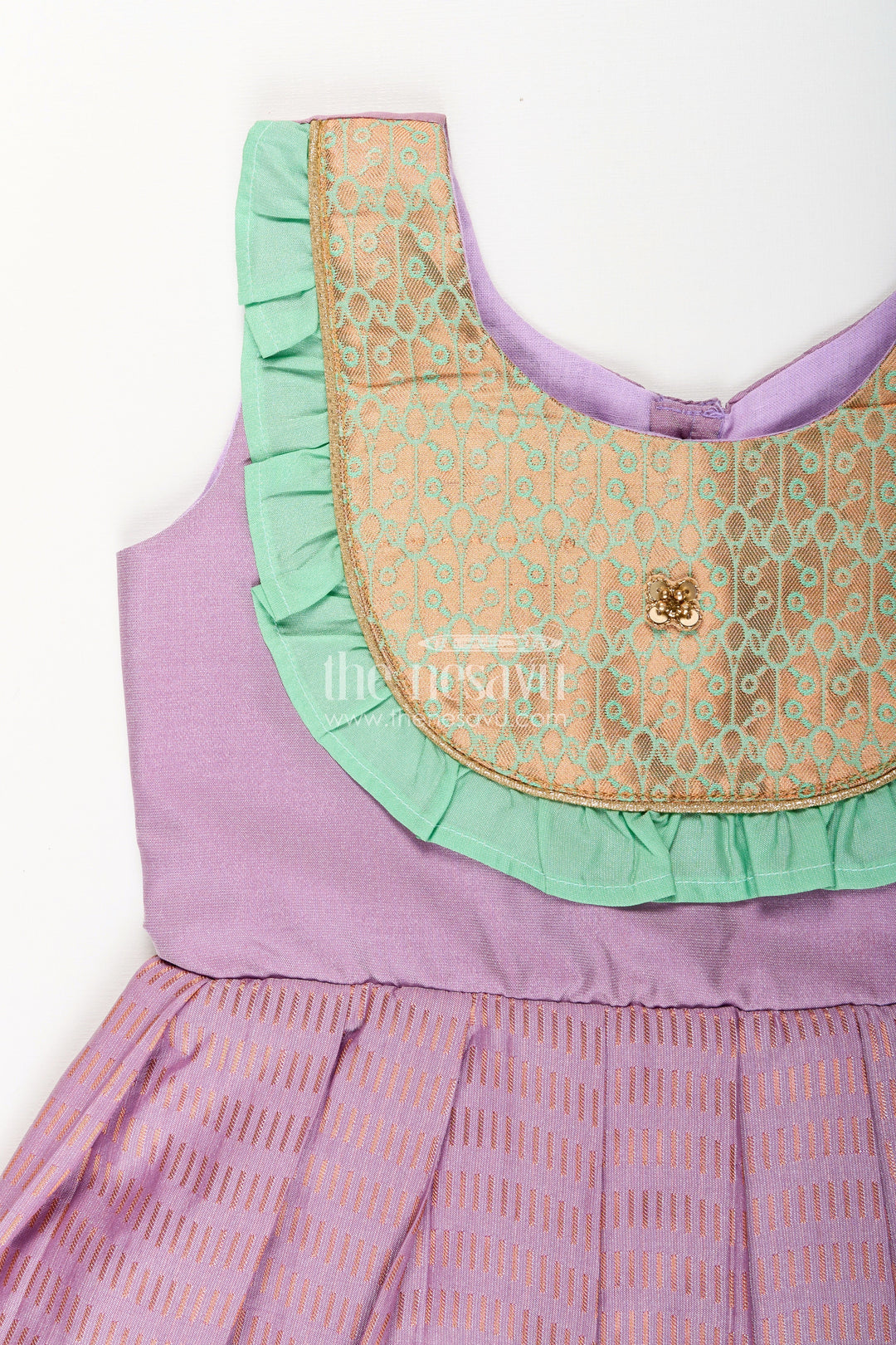 The Nesavu Girls Kanchi Silk Frock Baby Girl Kanchipuram Silk Frock for Festive and Cultural Events Nesavu Nesavu baby girl kanchipuram silk frock in purple and green for weddings and festive wear