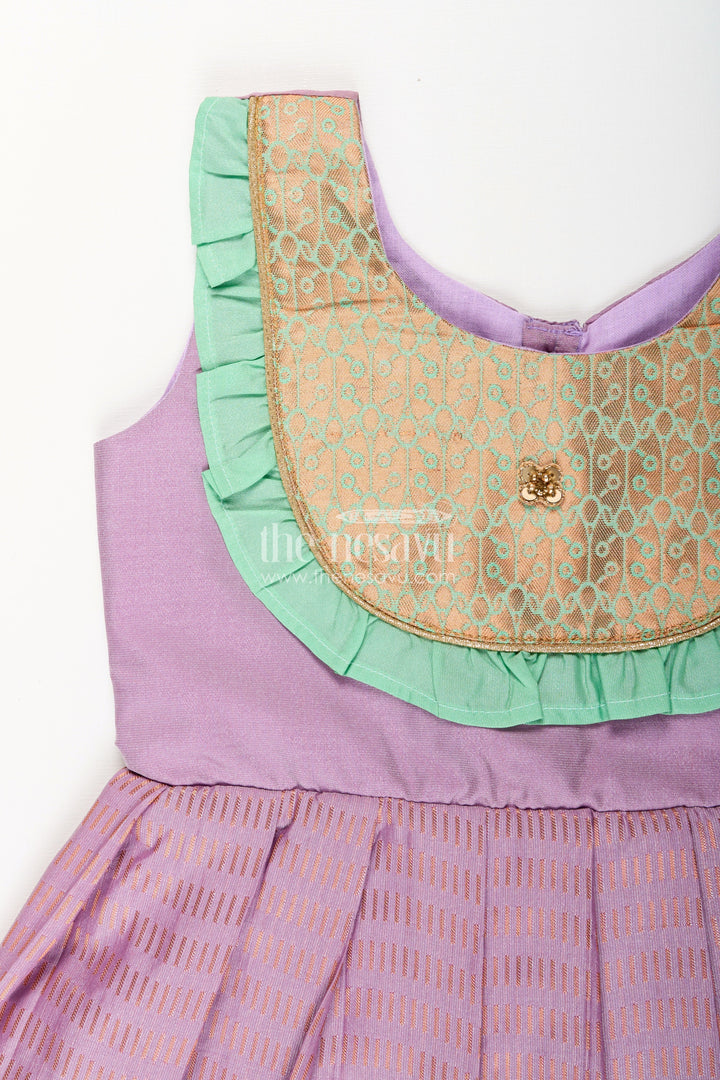 The Nesavu Girls Kanchi Silk Frock Baby Girl Kanchipuram Silk Frock for Festive and Cultural Events Nesavu Nesavu baby girl kanchipuram silk frock in purple and green for weddings and festive wear