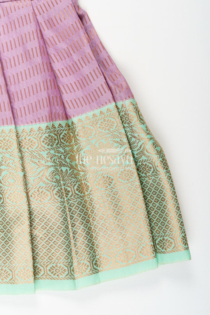 The Nesavu Girls Kanchi Silk Frock Baby Girl Kanchipuram Silk Frock for Festive and Cultural Events Nesavu Nesavu baby girl kanchipuram silk frock in purple and green for weddings and festive wear