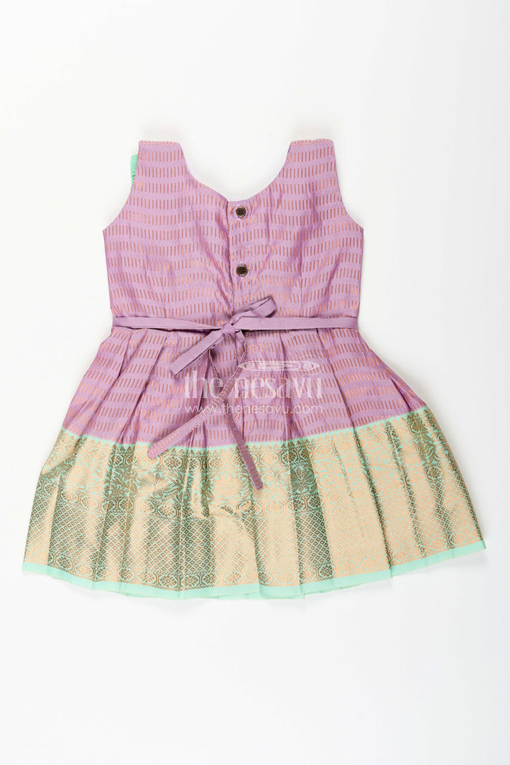 The Nesavu Girls Kanchi Silk Frock Baby Girl Kanchipuram Silk Frock for Festive and Cultural Events Nesavu Nesavu baby girl kanchipuram silk frock in purple and green for weddings and festive wear