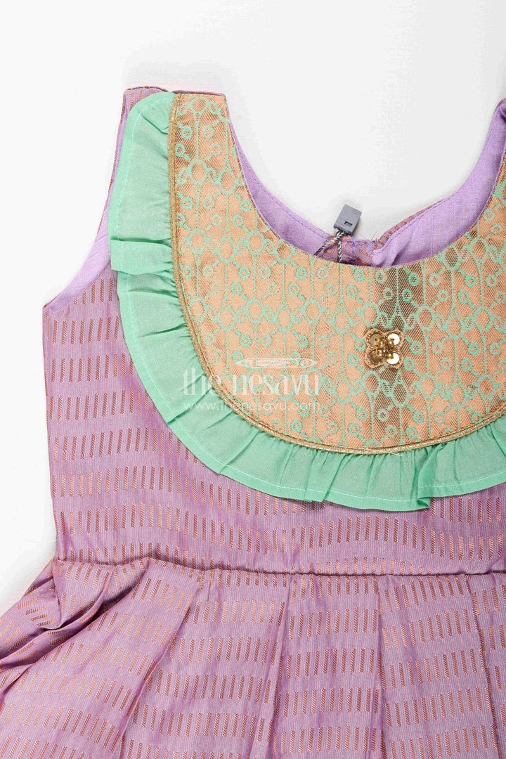 The Nesavu Girls Kanchi Silk Frock Baby Girl Kanchipuram Silk Frock for Festive and Cultural Events Nesavu Nesavu baby girl kanchipuram silk frock in purple and green for weddings and festive wear