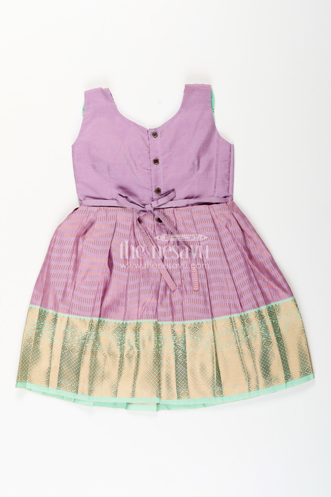 The Nesavu Girls Kanchi Silk Frock Baby Girl Kanchipuram Silk Frock for Festive and Cultural Events Nesavu Nesavu baby girl kanchipuram silk frock in purple and green for weddings and festive wear