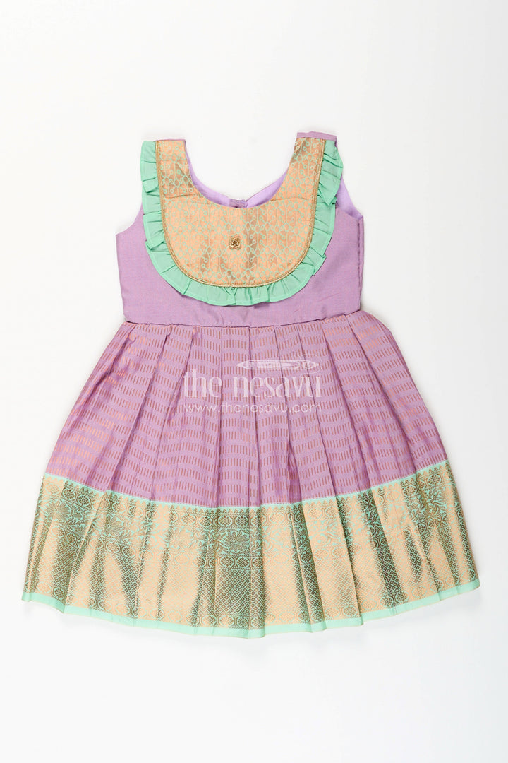 The Nesavu Girls Kanchi Silk Frock Baby Girl Kanchipuram Silk Frock for Festive and Cultural Events Nesavu Nesavu baby girl kanchipuram silk frock in purple and green for weddings and festive wear