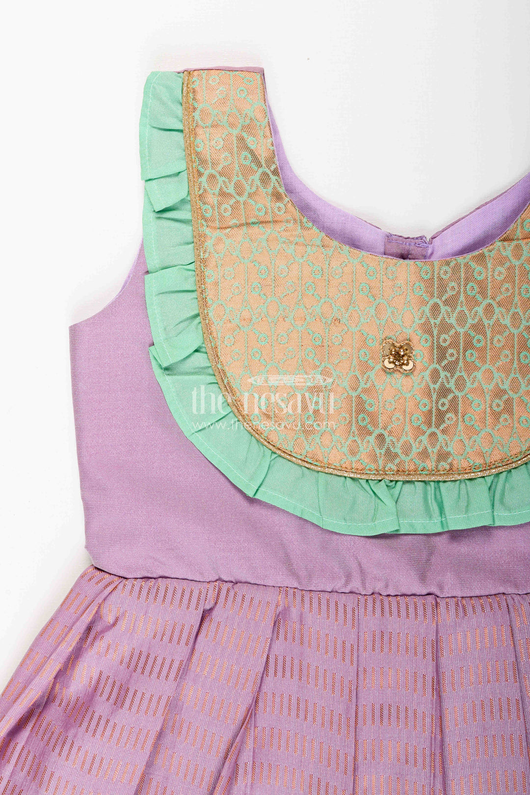 The Nesavu Girls Kanchi Silk Frock Baby Girl Kanchipuram Silk Frock for Festive and Cultural Events Nesavu Nesavu baby girl kanchipuram silk frock in purple and green for weddings and festive wear