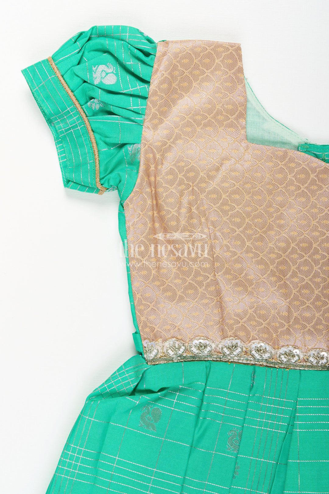 The Nesavu Girls Kanchi Silk Frock Baby Girl Kanchipuram Silk Frock for Festive and Traditional Celebrations Nesavu Nesavu baby girl kanchipuram silk frock in green and gold for weddings and festive wear