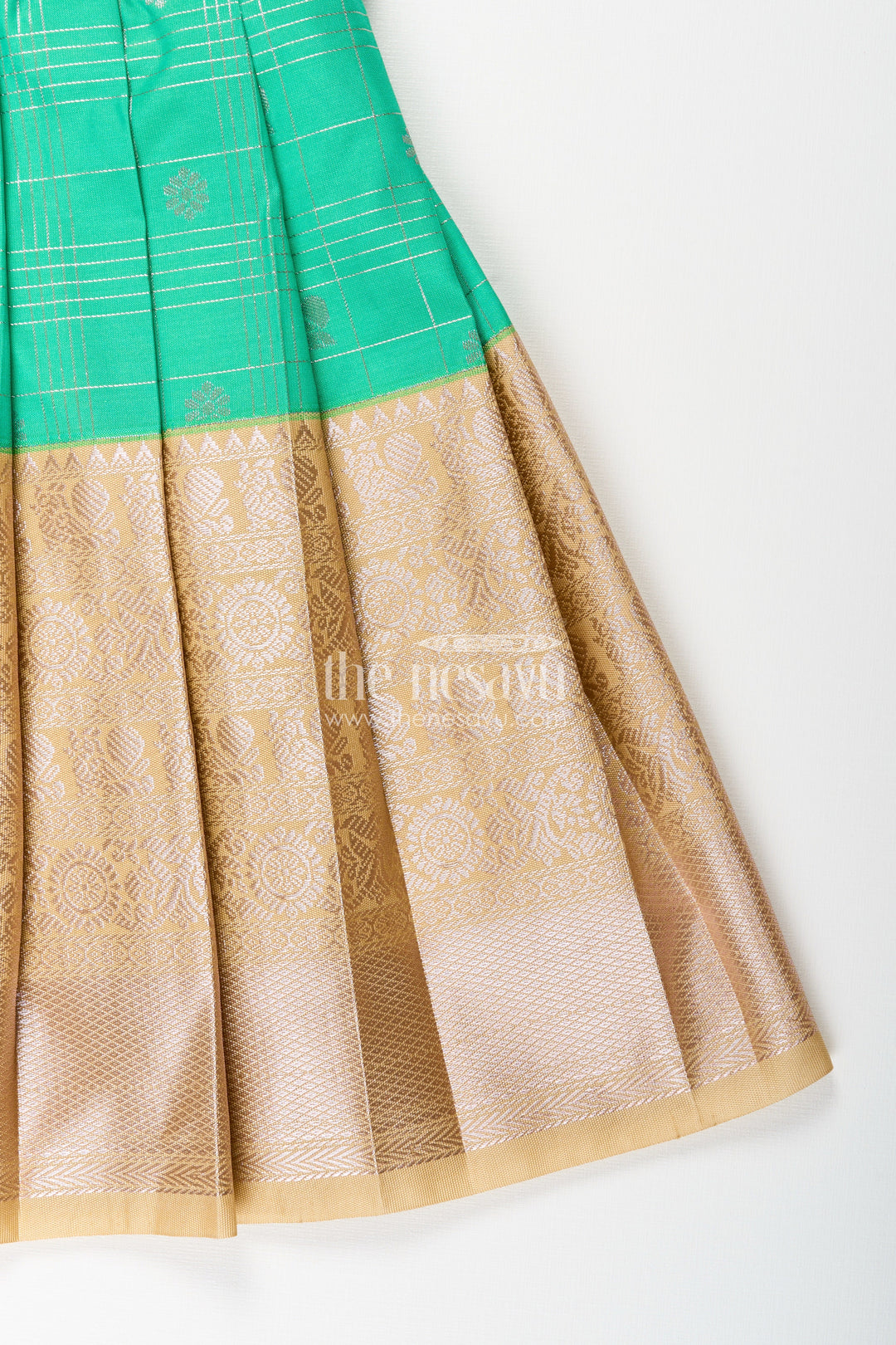 The Nesavu Girls Kanchi Silk Frock Baby Girl Kanchipuram Silk Frock for Festive and Traditional Celebrations Nesavu Nesavu baby girl kanchipuram silk frock in green and gold for weddings and festive wear
