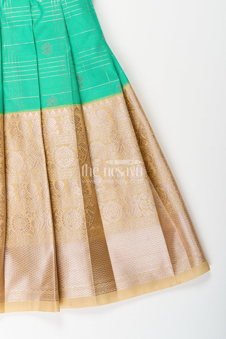 The Nesavu Girls Kanchi Silk Frock Baby Girl Kanchipuram Silk Frock for Festive and Traditional Celebrations Nesavu Nesavu baby girl kanchipuram silk frock in green and gold for weddings and festive wear