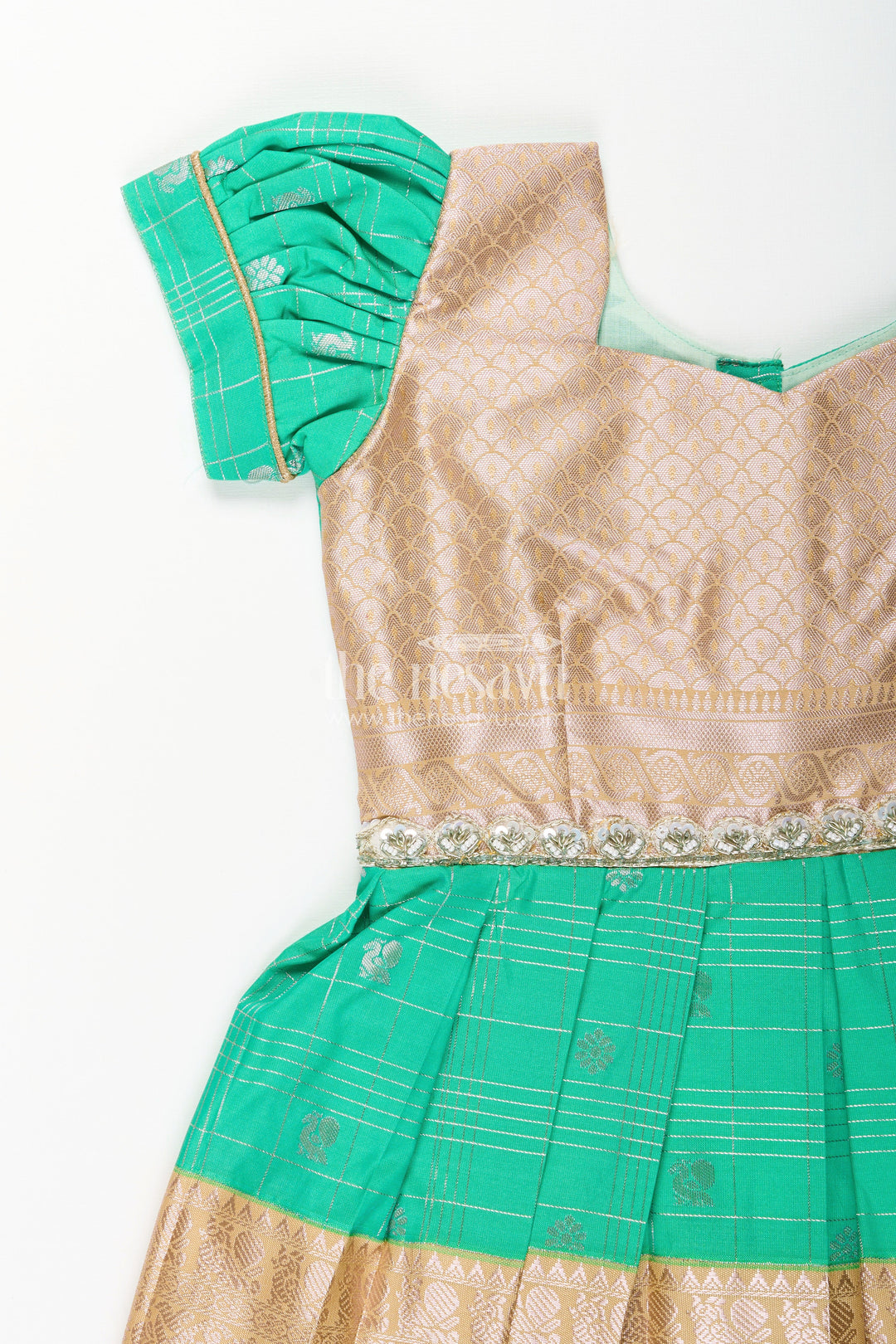 The Nesavu Girls Kanchi Silk Frock Baby Girl Kanchipuram Silk Frock for Festive and Traditional Celebrations Nesavu Nesavu baby girl kanchipuram silk frock in green and gold for weddings and festive wear