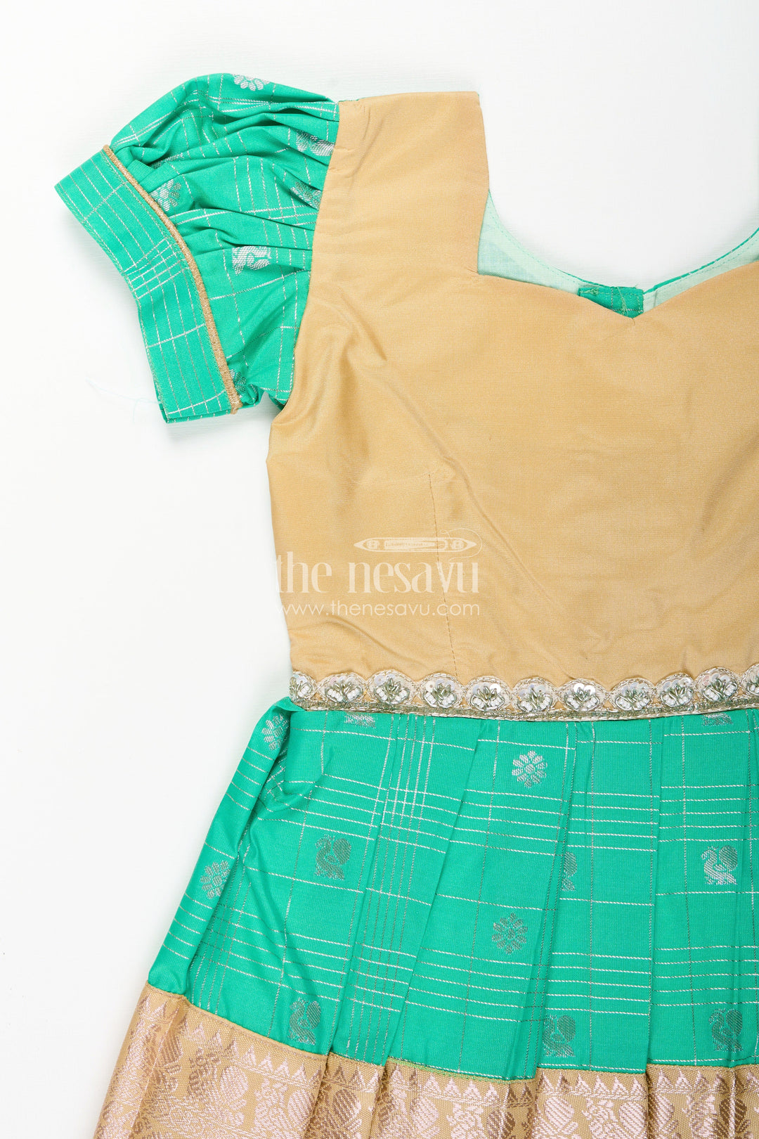 The Nesavu Girls Kanchi Silk Frock Baby Girl Kanchipuram Silk Frock for Festive and Traditional Celebrations Nesavu Nesavu baby girl kanchipuram silk frock in green and gold for weddings and festive wear