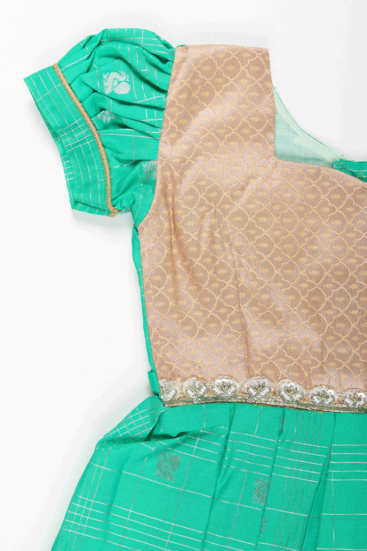 The Nesavu Girls Kanchi Silk Frock Baby Girl Kanchipuram Silk Frock for Festive and Traditional Celebrations Nesavu Nesavu baby girl kanchipuram silk frock in green and gold for weddings and festive wear