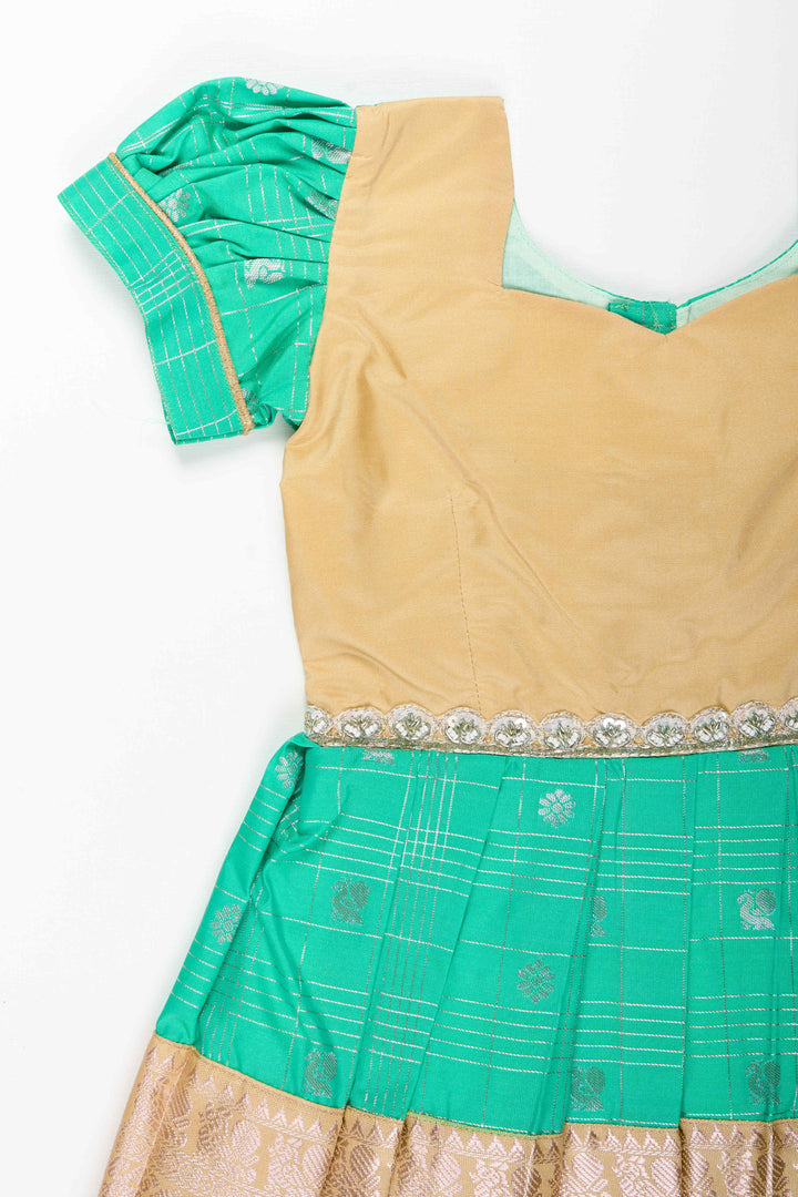 The Nesavu Girls Kanchi Silk Frock Baby Girl Kanchipuram Silk Frock for Festive and Traditional Celebrations Nesavu Nesavu baby girl kanchipuram silk frock in green and gold for weddings and festive wear