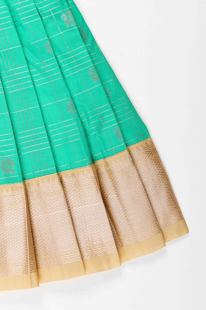The Nesavu Girls Kanchi Silk Frock Baby Girl Kanchipuram Silk Frock for Festive and Traditional Celebrations Nesavu Nesavu baby girl kanchipuram silk frock in green and gold for weddings and festive wear