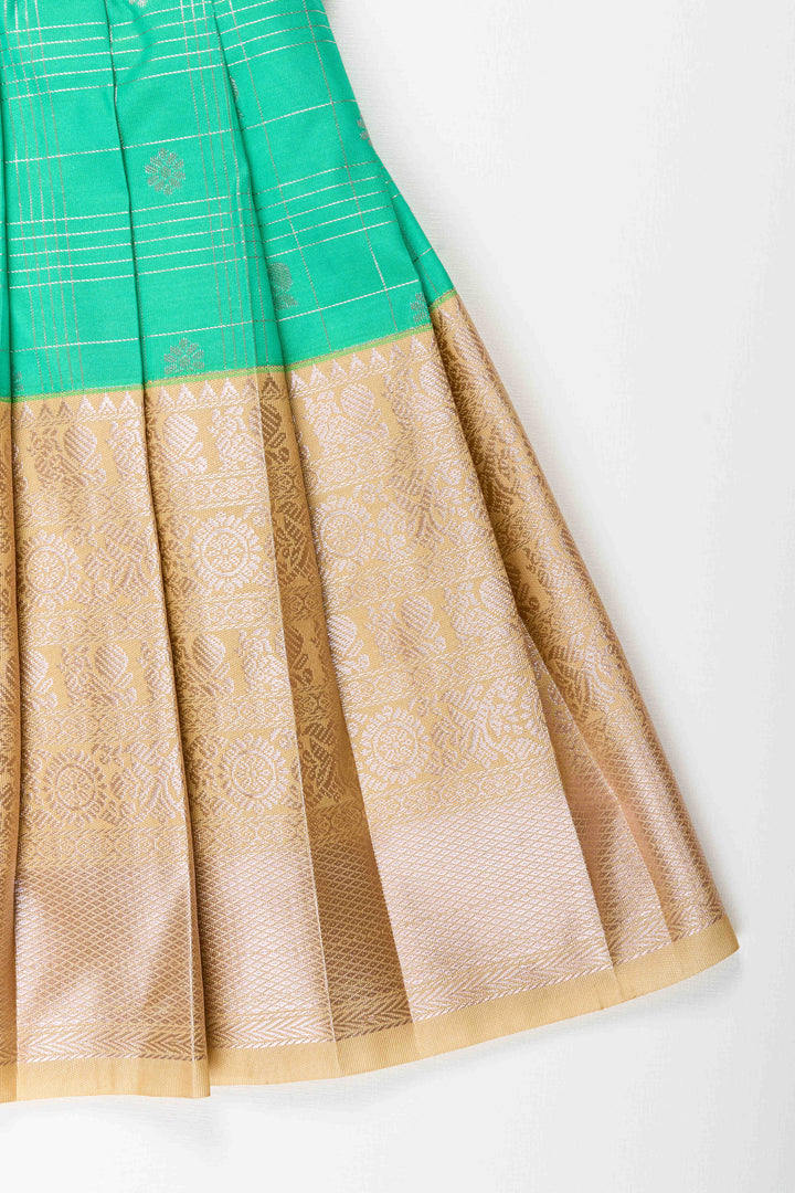 The Nesavu Girls Kanchi Silk Frock Baby Girl Kanchipuram Silk Frock for Festive and Traditional Celebrations Nesavu Nesavu baby girl kanchipuram silk frock in green and gold for weddings and festive wear