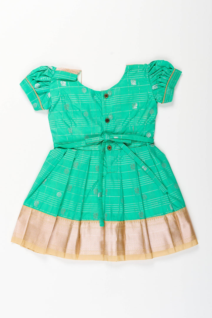 The Nesavu Girls Kanchi Silk Frock Baby Girl Kanchipuram Silk Frock for Festive and Traditional Celebrations Nesavu Nesavu baby girl kanchipuram silk frock in green and gold for weddings and festive wear