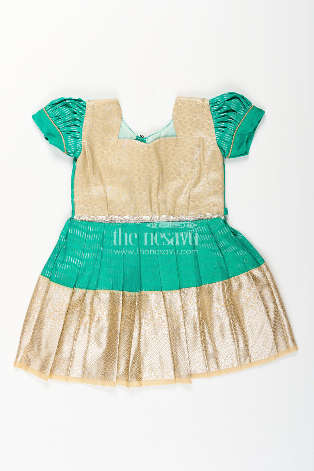 The Nesavu Girls Kanchi Silk Frock Baby Girl Kanchipuram Silk Frock for Festive and Wedding Celebrations Nesavu 14 (6M) / Green / Style 1 SF848CA-14 Nesavu baby girl kanchipuram silk frock in green and gold for weddings and traditional events