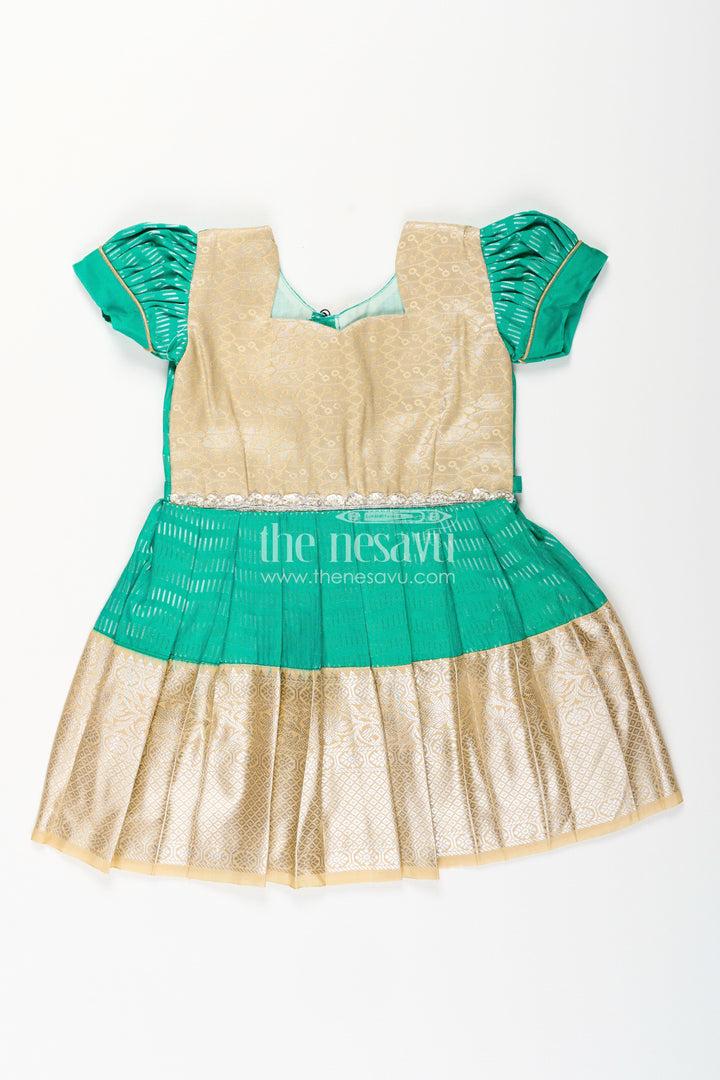 The Nesavu Girls Kanchi Silk Frock Baby Girl Kanchipuram Silk Frock for Festive and Wedding Celebrations Nesavu 14 (6M) / Green / Style 1 SF848CA-14 Nesavu baby girl kanchipuram silk frock in green and gold for weddings and traditional events