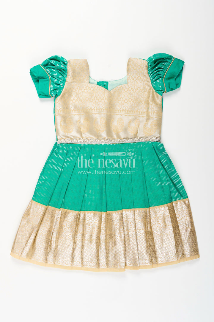 The Nesavu Girls Kanchi Silk Frock Baby Girl Kanchipuram Silk Frock for Festive and Wedding Celebrations Nesavu 14 (6M) / Green / Style 2 SF848CB-14 Nesavu baby girl kanchipuram silk frock in green and gold for weddings and traditional events