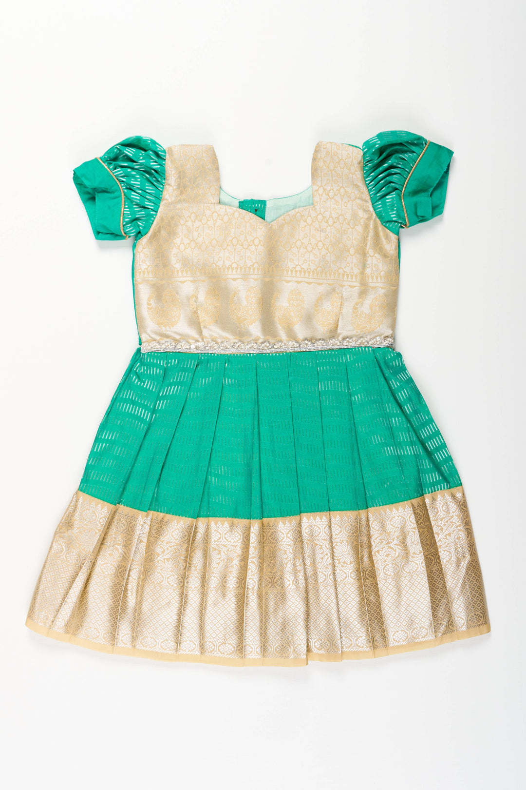 The Nesavu Girls Kanchi Silk Frock Baby Girl Kanchipuram Silk Frock for Festive and Wedding Celebrations Nesavu 14 (6M) / Green / Style 2 SF848CB-14 Nesavu baby girl kanchipuram silk frock in green and gold for weddings and traditional events