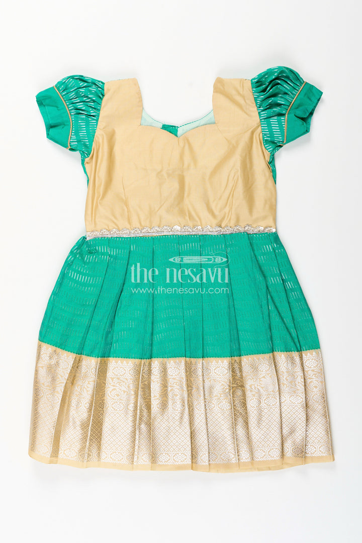 The Nesavu Girls Kanchi Silk Frock Baby Girl Kanchipuram Silk Frock for Festive and Wedding Celebrations Nesavu 14 (6M) / Green / Style 3 SF848CC-14 Nesavu baby girl kanchipuram silk frock in green and gold for weddings and traditional events