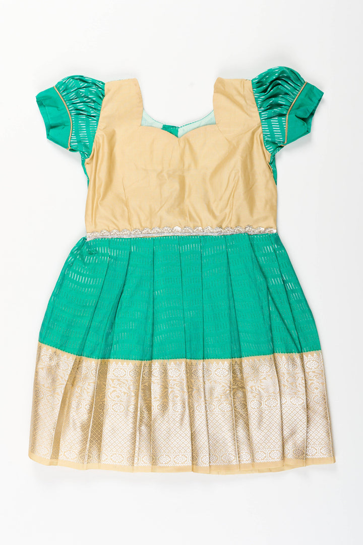 The Nesavu Girls Kanchi Silk Frock Baby Girl Kanchipuram Silk Frock for Festive and Wedding Celebrations Nesavu 14 (6M) / Green / Style 3 SF848CC-14 Nesavu baby girl kanchipuram silk frock in green and gold for weddings and traditional events