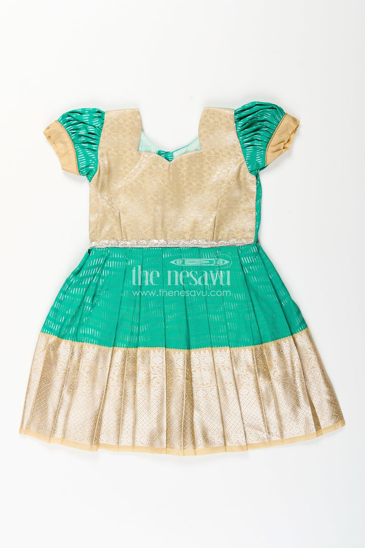 The Nesavu Girls Kanchi Silk Frock Baby Girl Kanchipuram Silk Frock for Festive and Wedding Celebrations Nesavu 14 (6M) / Green / Style 4 SF848CD-14 Nesavu baby girl kanchipuram silk frock in green and gold for weddings and traditional events