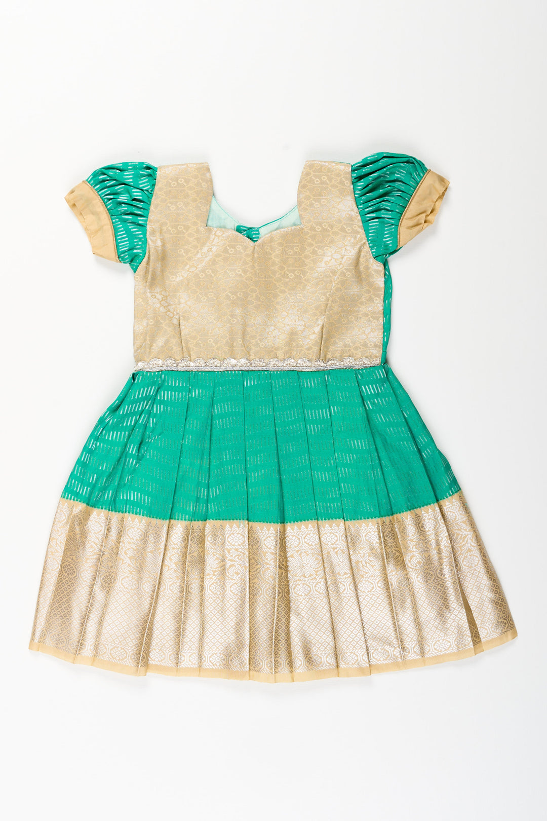 The Nesavu Girls Kanchi Silk Frock Baby Girl Kanchipuram Silk Frock for Festive and Wedding Celebrations Nesavu 14 (6M) / Green / Style 4 SF848CD-14 Nesavu baby girl kanchipuram silk frock in green and gold for weddings and traditional events