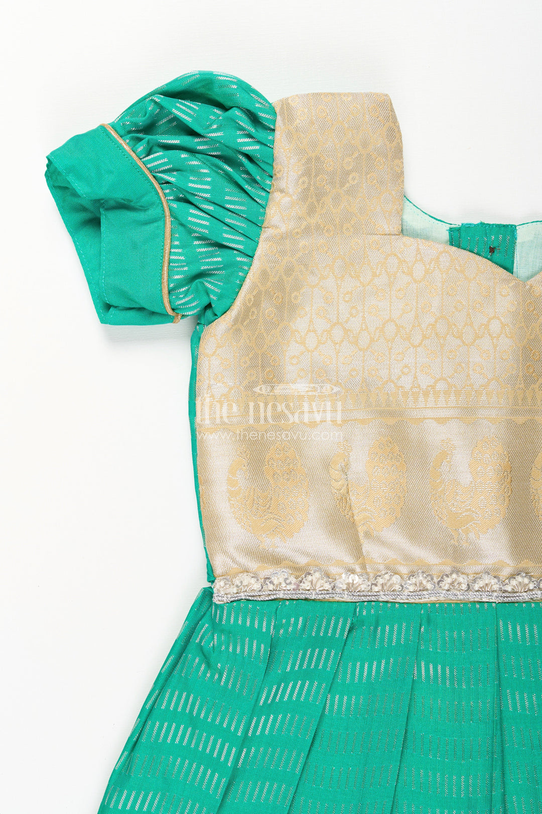 The Nesavu Girls Kanchi Silk Frock Baby Girl Kanchipuram Silk Frock for Festive and Wedding Celebrations Nesavu Nesavu baby girl kanchipuram silk frock in green and gold for weddings and traditional events