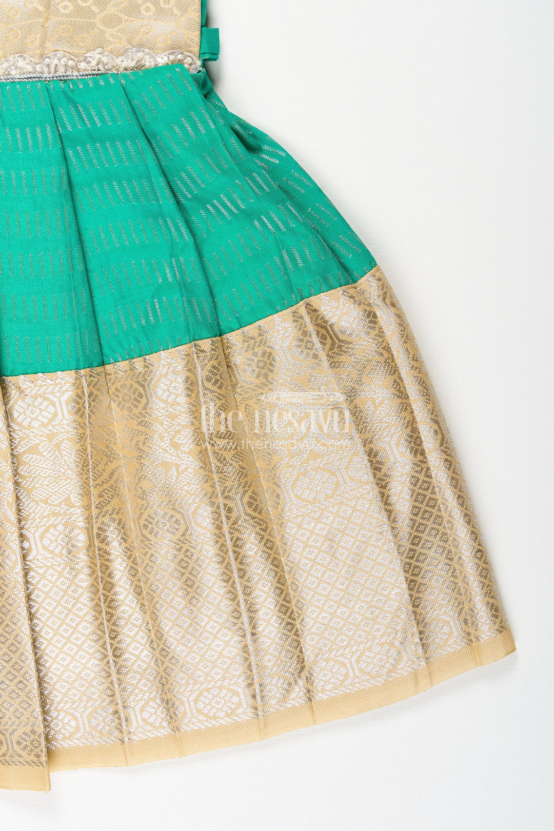 The Nesavu Girls Kanchi Silk Frock Baby Girl Kanchipuram Silk Frock for Festive and Wedding Celebrations Nesavu Nesavu baby girl kanchipuram silk frock in green and gold for weddings and traditional events