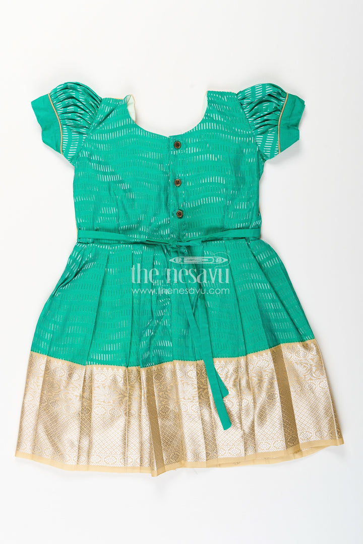 The Nesavu Girls Kanchi Silk Frock Baby Girl Kanchipuram Silk Frock for Festive and Wedding Celebrations Nesavu Nesavu baby girl kanchipuram silk frock in green and gold for weddings and traditional events