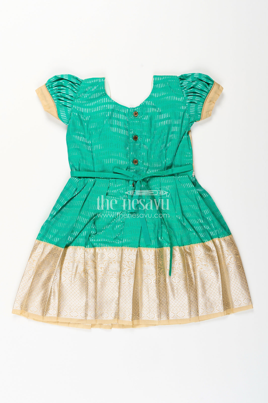 The Nesavu Girls Kanchi Silk Frock Baby Girl Kanchipuram Silk Frock for Festive and Wedding Celebrations Nesavu Nesavu baby girl kanchipuram silk frock in green and gold for weddings and traditional events