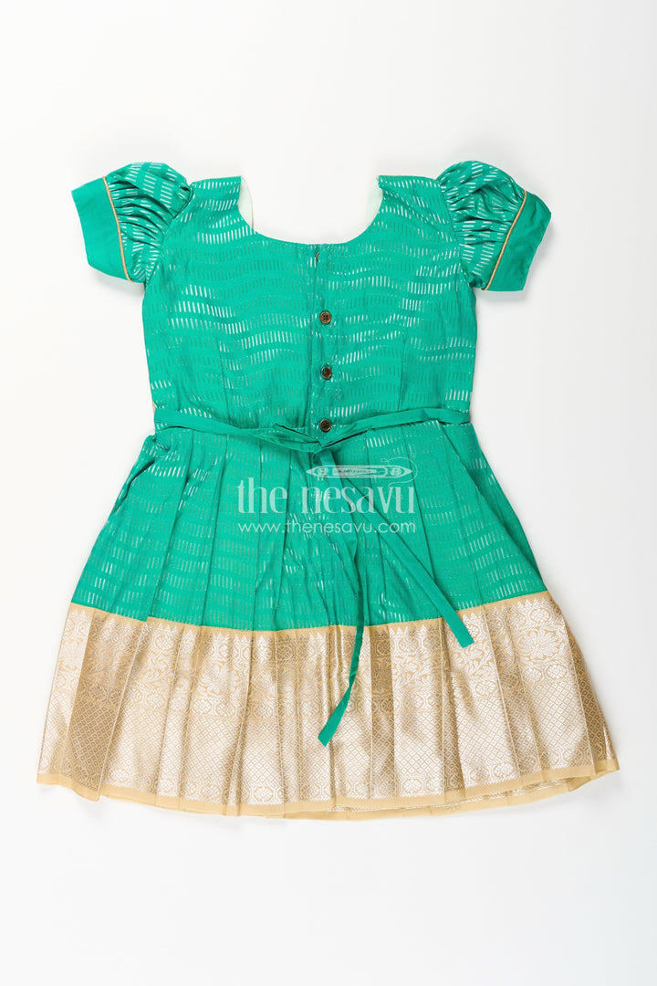 The Nesavu Girls Kanchi Silk Frock Baby Girl Kanchipuram Silk Frock for Festive and Wedding Celebrations Nesavu Nesavu baby girl kanchipuram silk frock in green and gold for weddings and traditional events