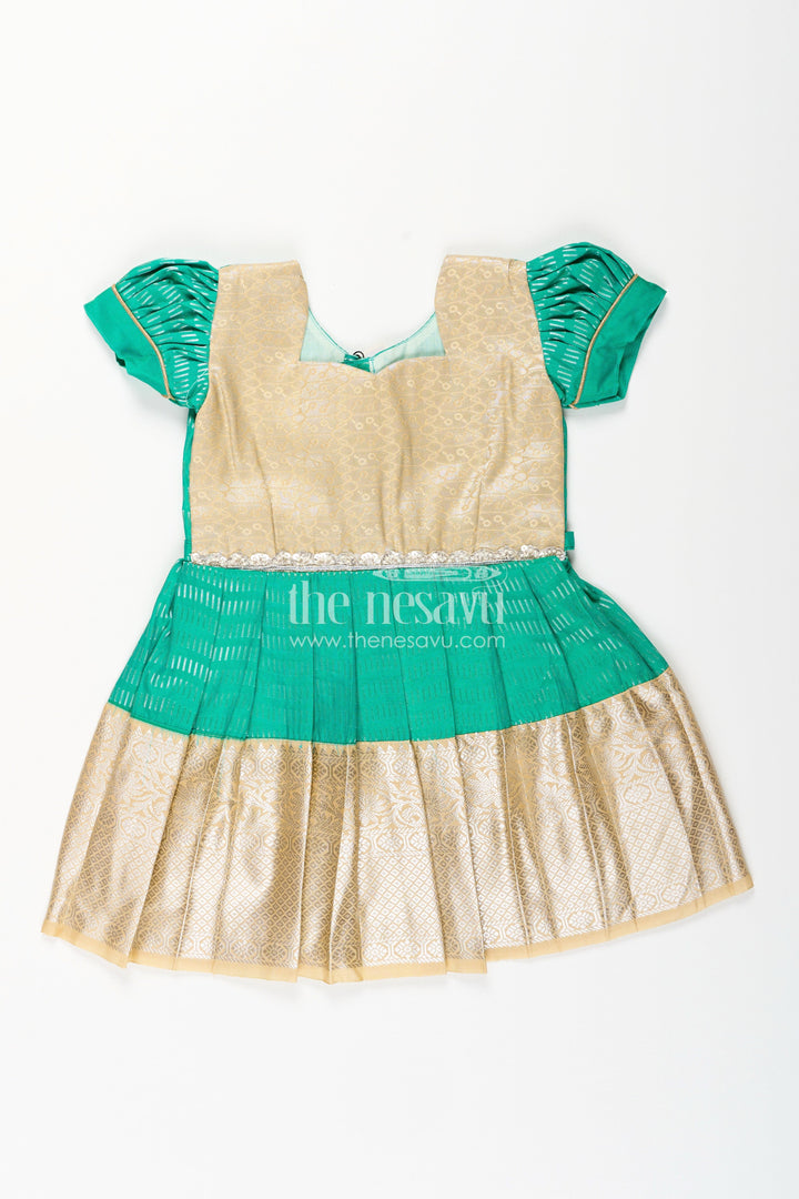 The Nesavu Girls Kanchi Silk Frock Baby Girl Kanchipuram Silk Frock for Festive and Wedding Celebrations Nesavu Nesavu baby girl kanchipuram silk frock in green and gold for weddings and traditional events