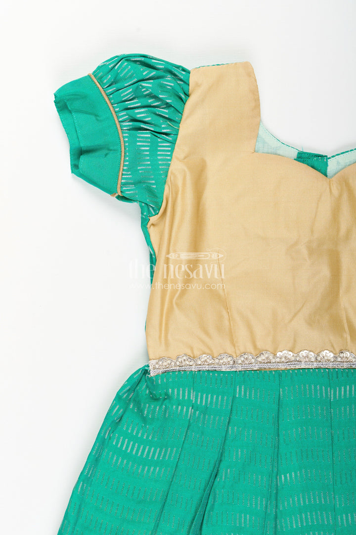 The Nesavu Girls Kanchi Silk Frock Baby Girl Kanchipuram Silk Frock for Festive and Wedding Celebrations Nesavu Nesavu baby girl kanchipuram silk frock in green and gold for weddings and traditional events