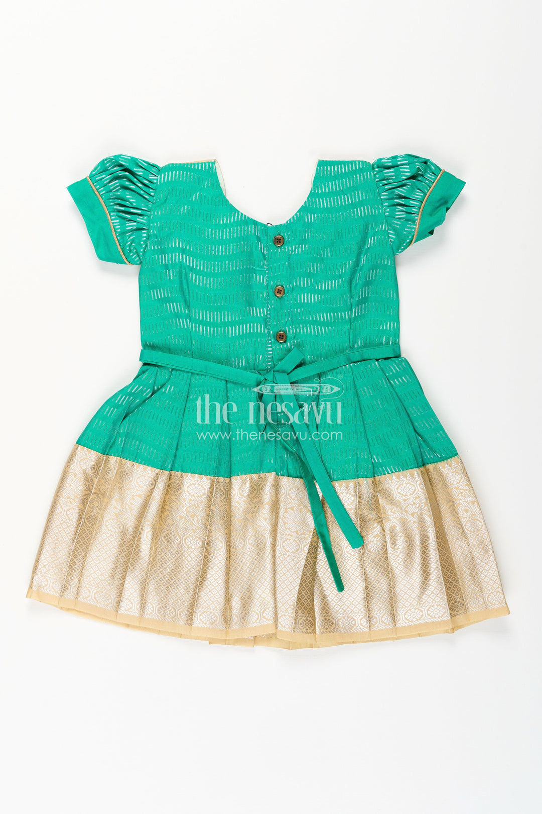 The Nesavu Girls Kanchi Silk Frock Baby Girl Kanchipuram Silk Frock for Festive and Wedding Celebrations Nesavu Nesavu baby girl kanchipuram silk frock in green and gold for weddings and traditional events