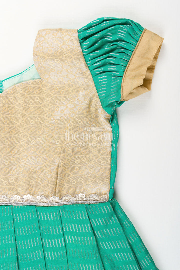 The Nesavu Girls Kanchi Silk Frock Baby Girl Kanchipuram Silk Frock for Festive and Wedding Celebrations Nesavu Nesavu baby girl kanchipuram silk frock in green and gold for weddings and traditional events