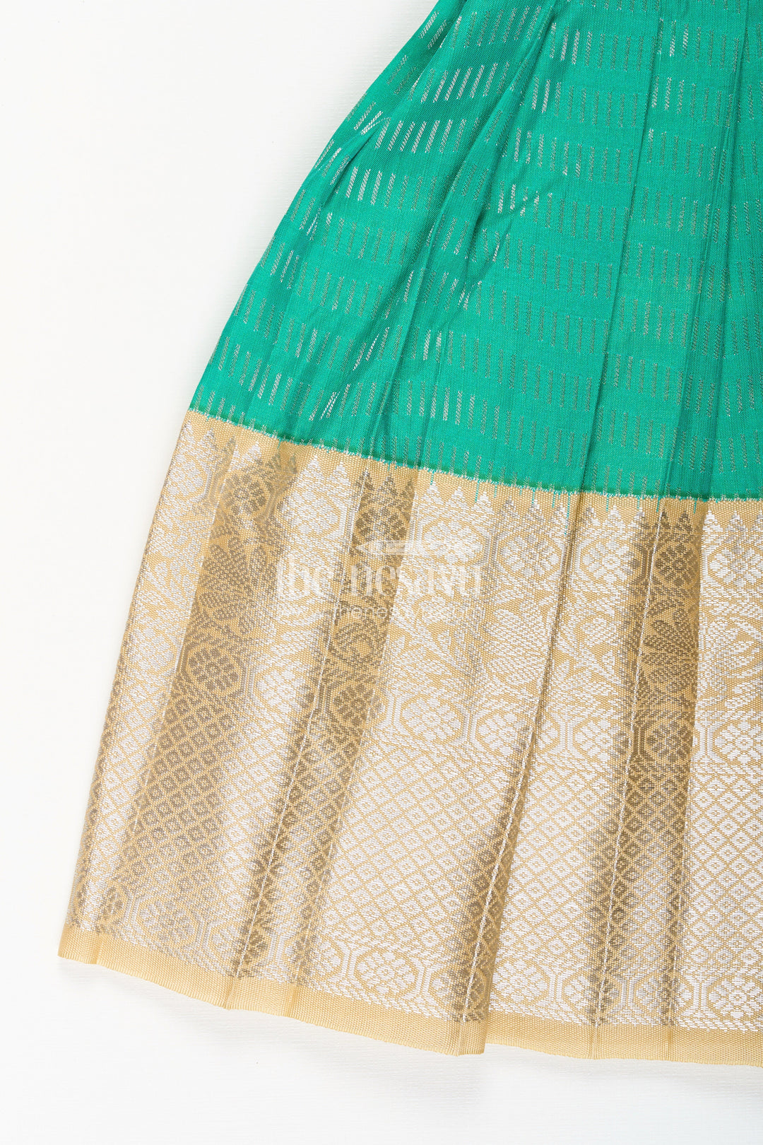 The Nesavu Girls Kanchi Silk Frock Baby Girl Kanchipuram Silk Frock for Festive and Wedding Celebrations Nesavu Nesavu baby girl kanchipuram silk frock in green and gold for weddings and traditional events