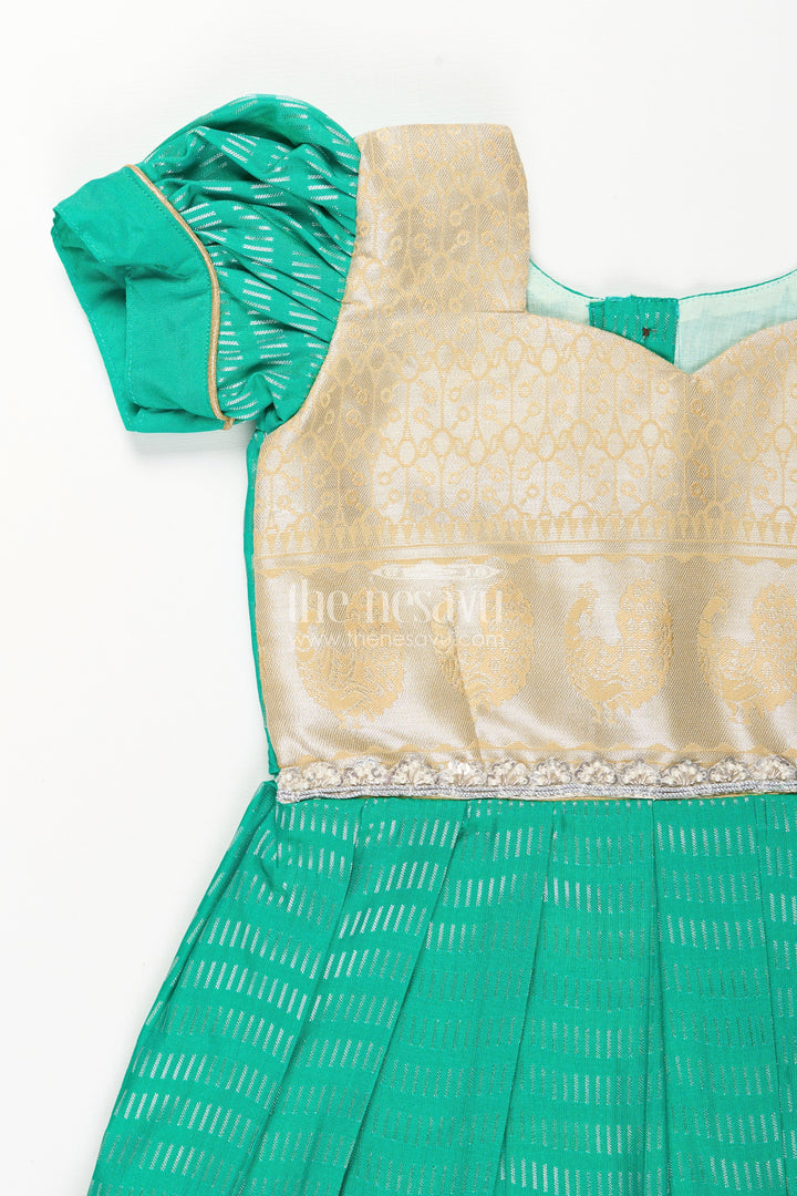 The Nesavu Girls Kanchi Silk Frock Baby Girl Kanchipuram Silk Frock for Festive and Wedding Celebrations Nesavu Nesavu baby girl kanchipuram silk frock in green and gold for weddings and traditional events