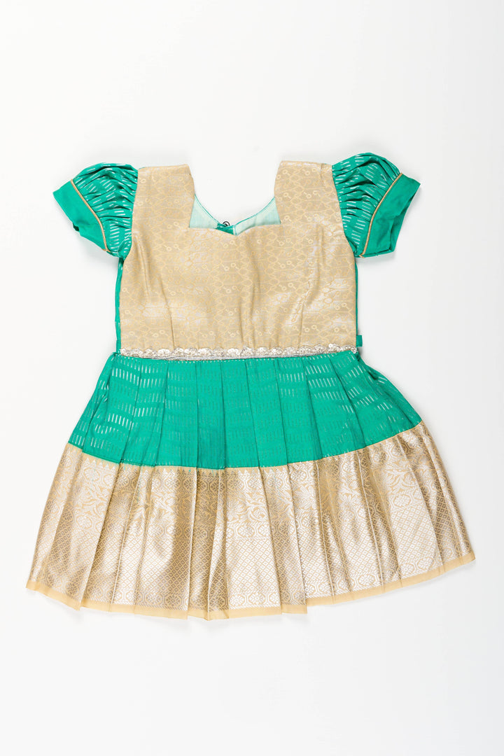 The Nesavu Girls Kanchi Silk Frock Baby Girl Kanchipuram Silk Frock for Festive and Wedding Celebrations Nesavu Nesavu baby girl kanchipuram silk frock in green and gold for weddings and traditional events