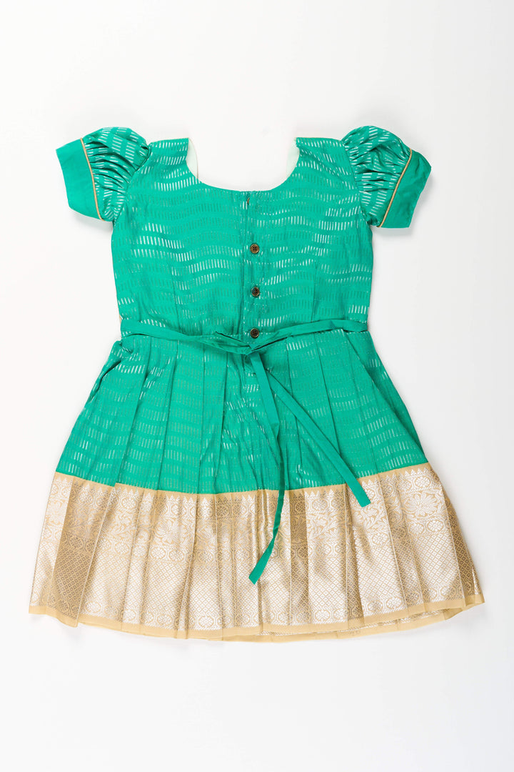 The Nesavu Girls Kanchi Silk Frock Baby Girl Kanchipuram Silk Frock for Festive and Wedding Celebrations Nesavu Nesavu baby girl kanchipuram silk frock in green and gold for weddings and traditional events