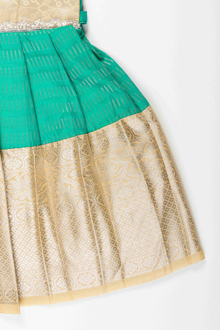 The Nesavu Girls Kanchi Silk Frock Baby Girl Kanchipuram Silk Frock for Festive and Wedding Celebrations Nesavu Nesavu baby girl kanchipuram silk frock in green and gold for weddings and traditional events