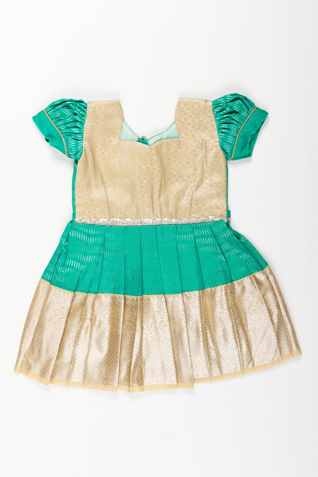 The Nesavu Girls Kanchi Silk Frock Baby Girl Kanchipuram Silk Frock for Festive and Wedding Celebrations Nesavu Nesavu baby girl kanchipuram silk frock in green and gold for weddings and traditional events