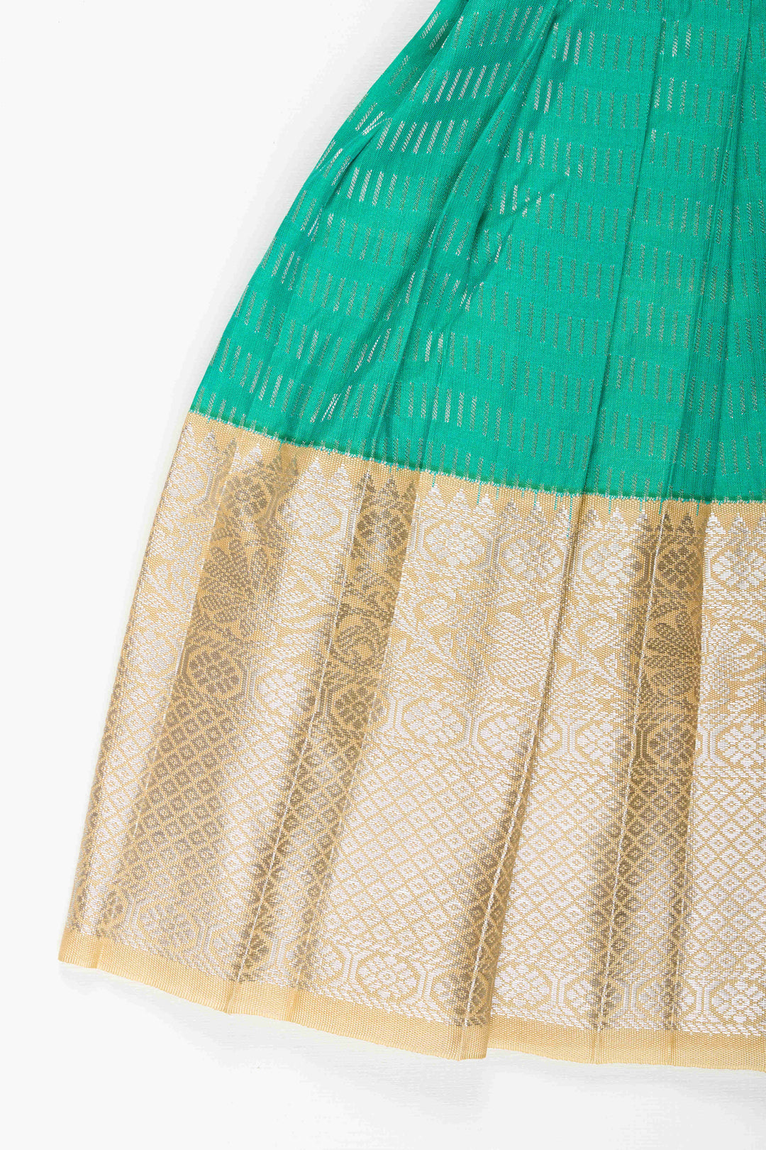 The Nesavu Girls Kanchi Silk Frock Baby Girl Kanchipuram Silk Frock for Festive and Wedding Celebrations Nesavu Nesavu baby girl kanchipuram silk frock in green and gold for weddings and traditional events