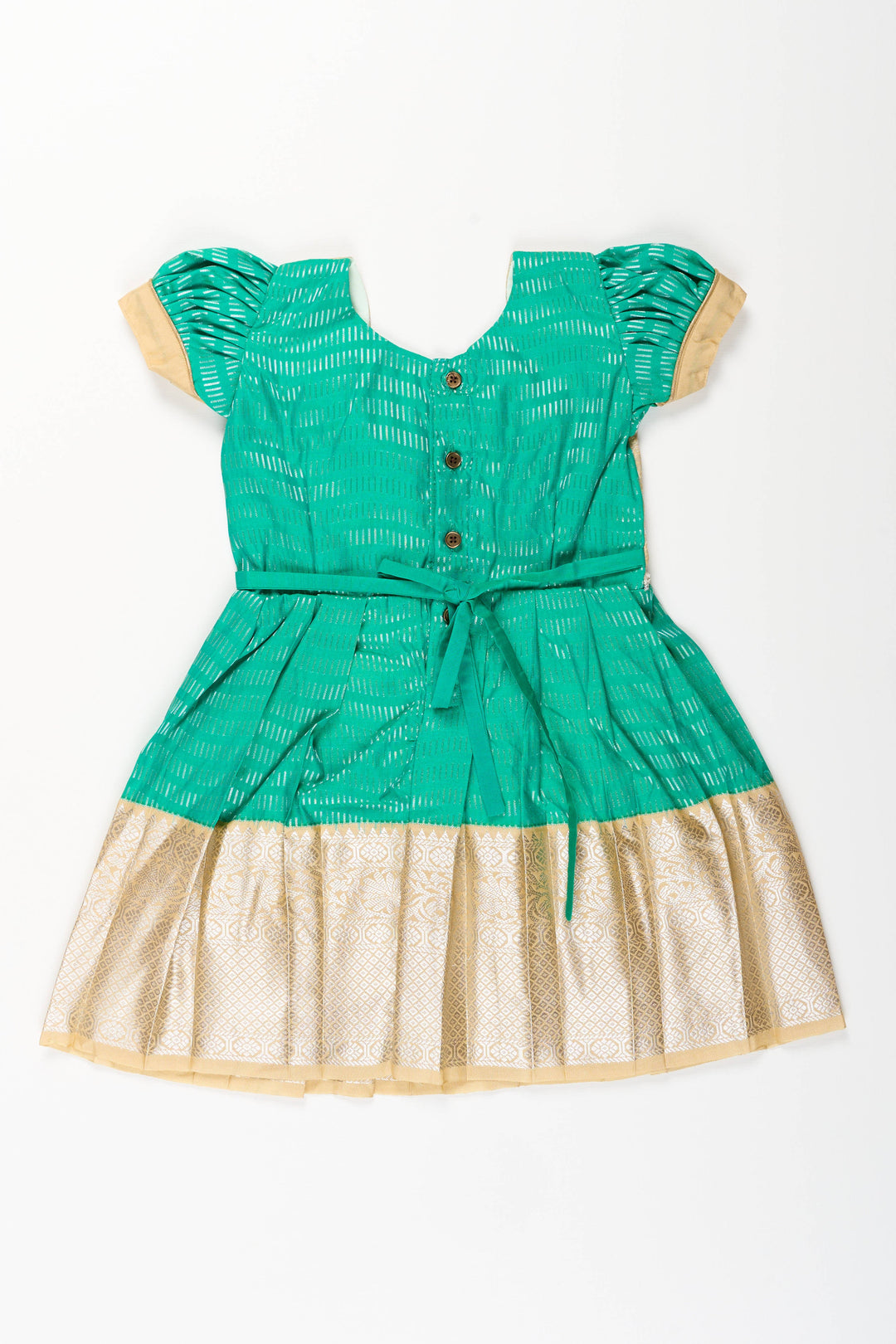 The Nesavu Girls Kanchi Silk Frock Baby Girl Kanchipuram Silk Frock for Festive and Wedding Celebrations Nesavu Nesavu baby girl kanchipuram silk frock in green and gold for weddings and traditional events