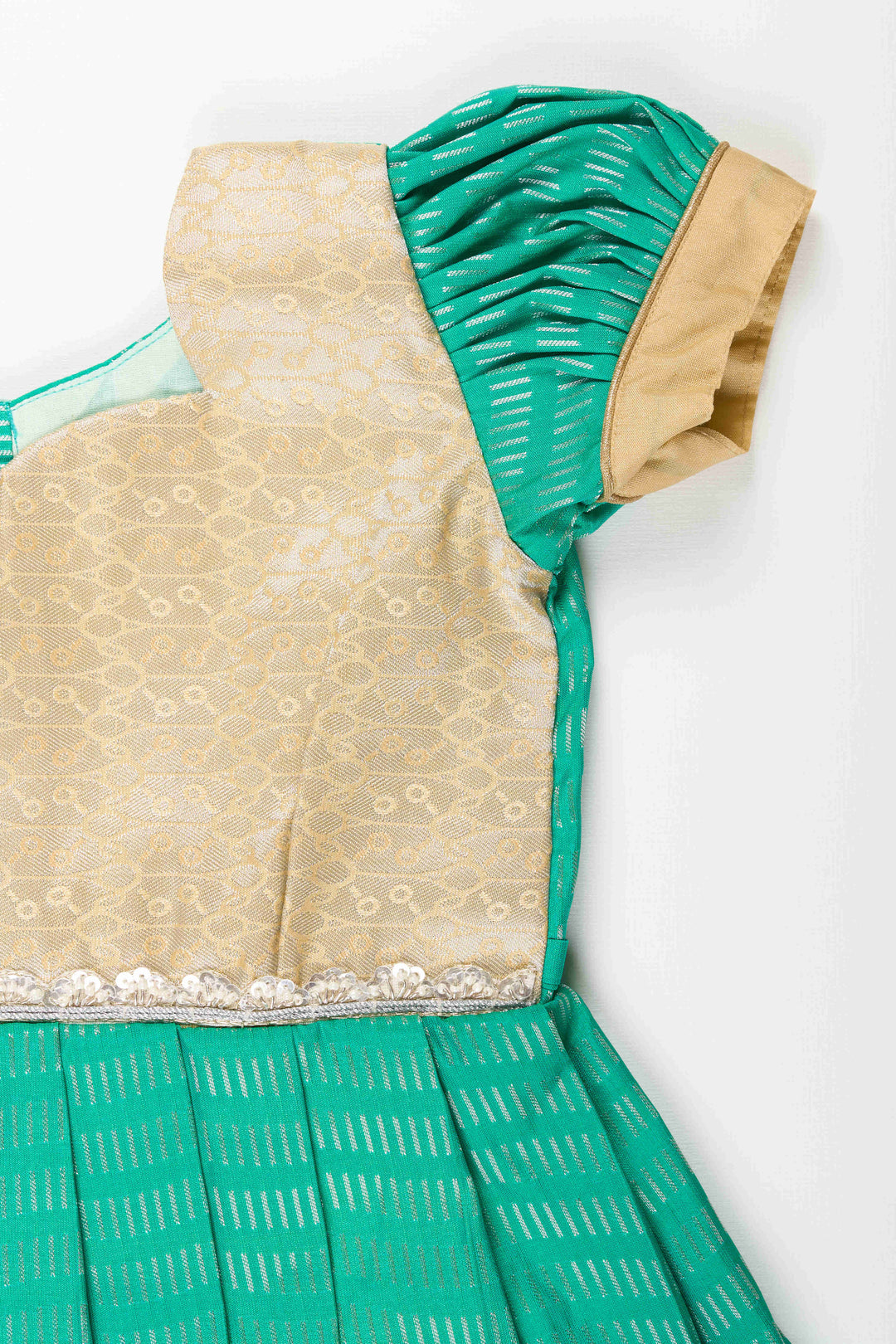 The Nesavu Girls Kanchi Silk Frock Baby Girl Kanchipuram Silk Frock for Festive and Wedding Celebrations Nesavu Nesavu baby girl kanchipuram silk frock in green and gold for weddings and traditional events