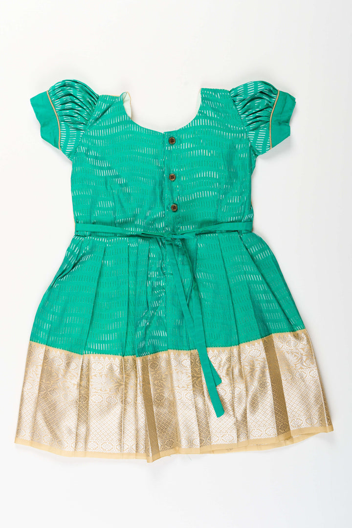 The Nesavu Girls Kanchi Silk Frock Baby Girl Kanchipuram Silk Frock for Festive and Wedding Celebrations Nesavu Nesavu baby girl kanchipuram silk frock in green and gold for weddings and traditional events