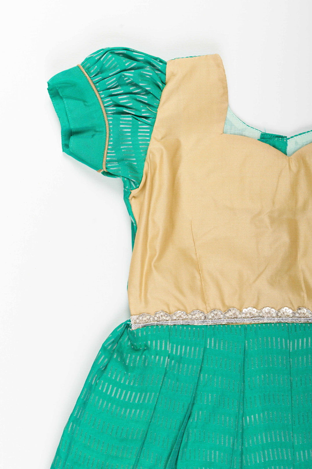 The Nesavu Girls Kanchi Silk Frock Baby Girl Kanchipuram Silk Frock for Festive and Wedding Celebrations Nesavu Nesavu baby girl kanchipuram silk frock in green and gold for weddings and traditional events