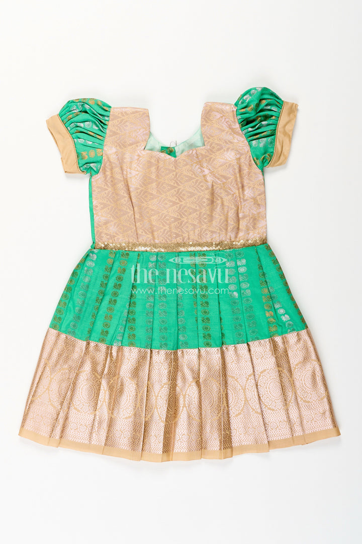 The Nesavu Girls Kanchi Silk Frock Baby Girl Kanchipuram Silk Frock for Festive and Wedding Occasions Nesavu 14 (6M) / Green / Style 1 SF843IA-14 Nesavu baby girl kanchipuram silk frock in green and gold for weddings and festive wear