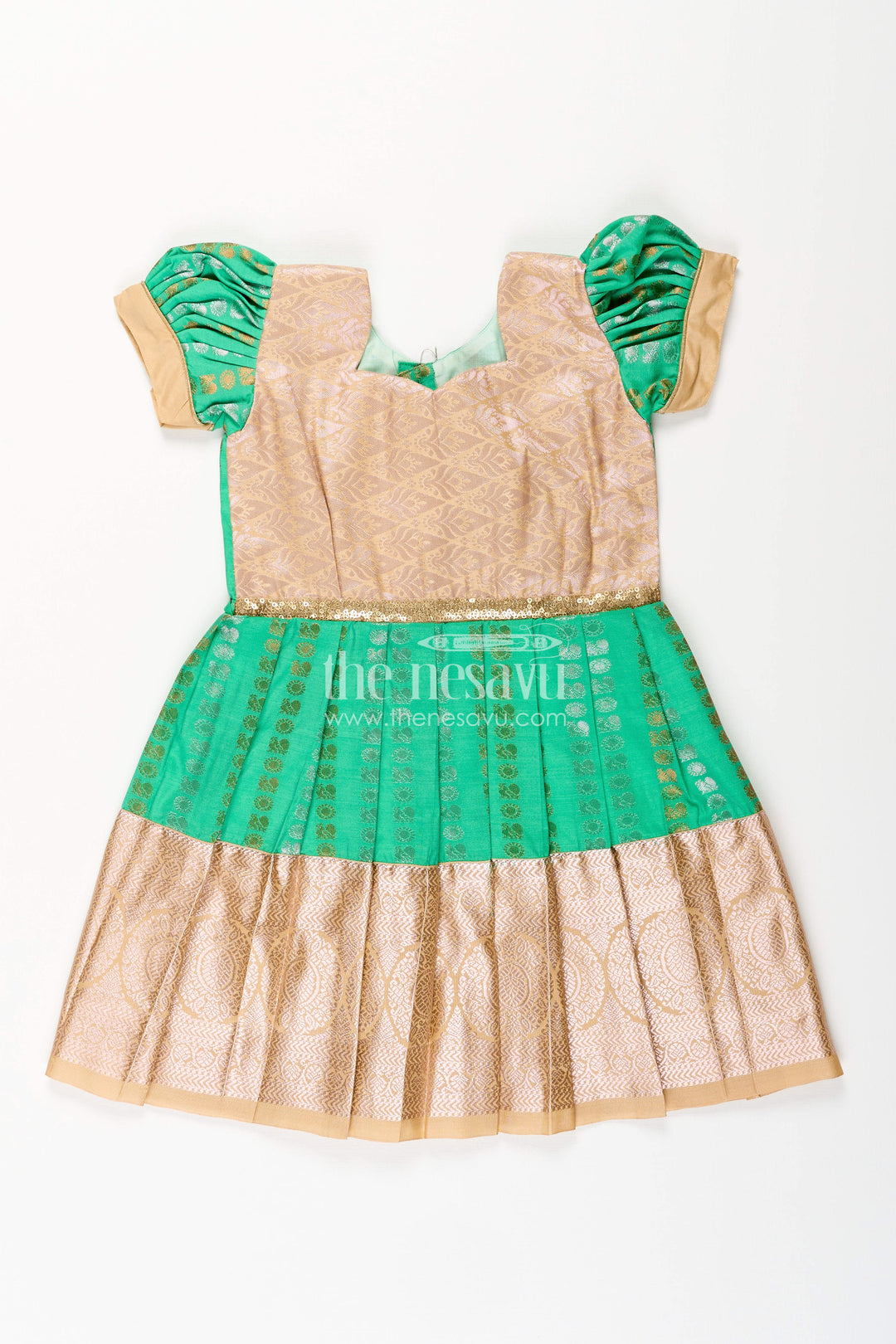 The Nesavu Girls Kanchi Silk Frock Baby Girl Kanchipuram Silk Frock for Festive and Wedding Occasions Nesavu 14 (6M) / Green / Style 1 SF843IA-14 Nesavu baby girl kanchipuram silk frock in green and gold for weddings and festive wear