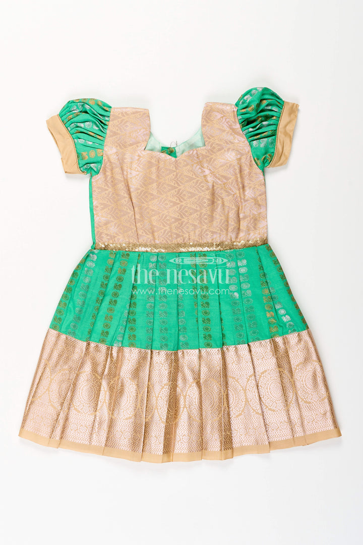 The Nesavu Girls Kanchi Silk Frock Baby Girl Kanchipuram Silk Frock for Festive and Wedding Occasions Nesavu 14 (6M) / Green / Style 1 SF843IA-14 Nesavu baby girl kanchipuram silk frock in green and gold for weddings and festive wear