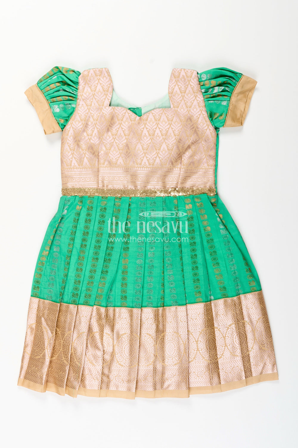 The Nesavu Girls Kanchi Silk Frock Baby Girl Kanchipuram Silk Frock for Festive and Wedding Occasions Nesavu 14 (6M) / Green / Style 2 SF843IB-14 Nesavu baby girl kanchipuram silk frock in green and gold for weddings and festive wear
